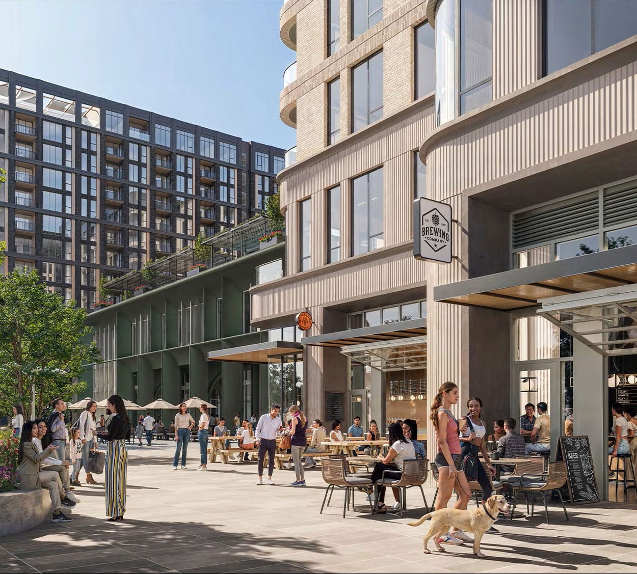 Rendering of Cherry Creek West mixed‑use development in Denver featuring residential buildings, retail, and green space along Cherry Creek Trail by East West Partners and Taubman