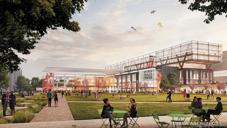 Rendering of Fox Park mixed‑use redevelopment in Globeville, Denver showing parks, retail, residential towers, and public plaza by Tryba Architects